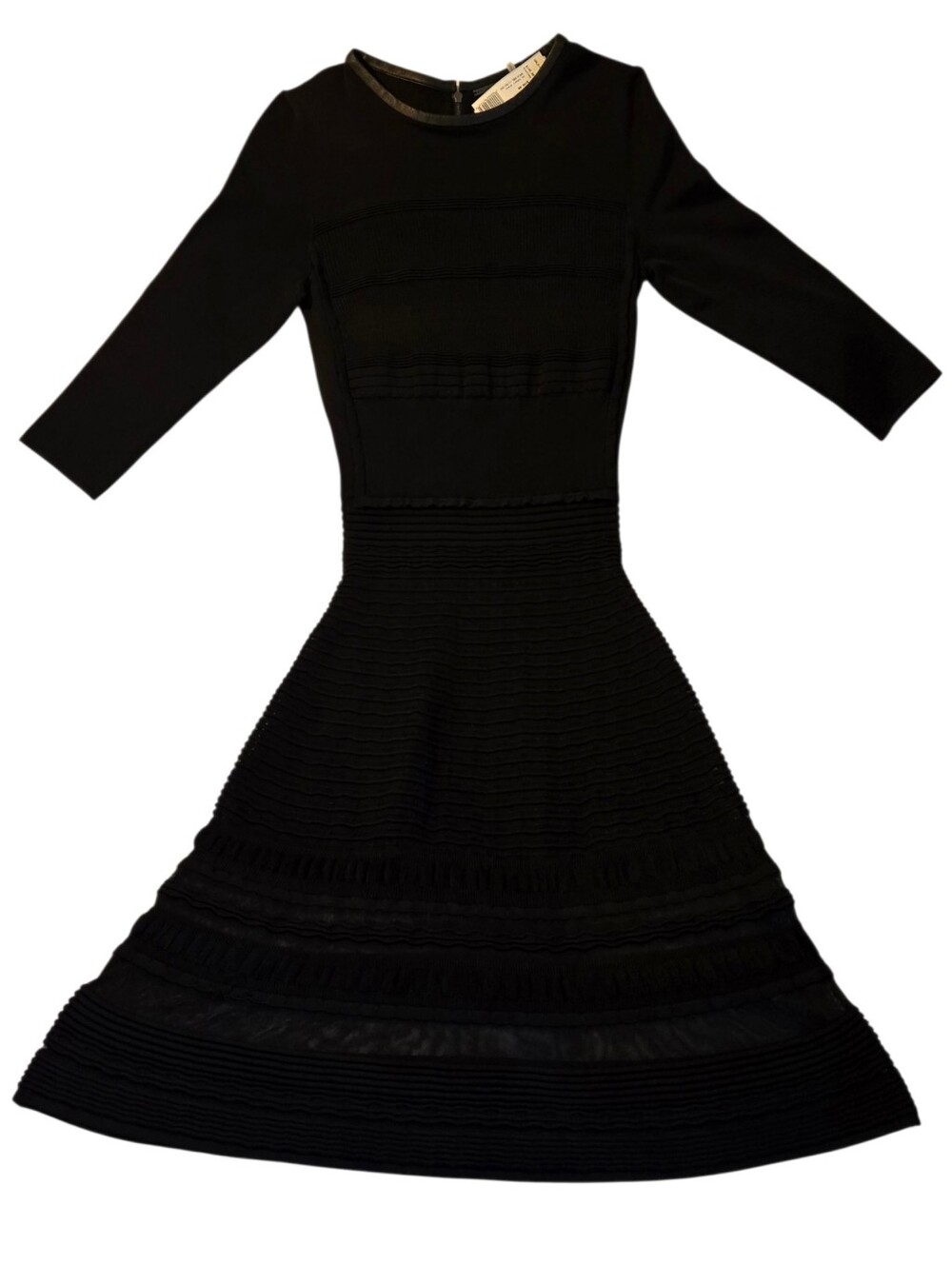 EC~Elie Tahari Black Sheer Mesh Open Knit Leather Trim Fit & Flare Midi Dress XS